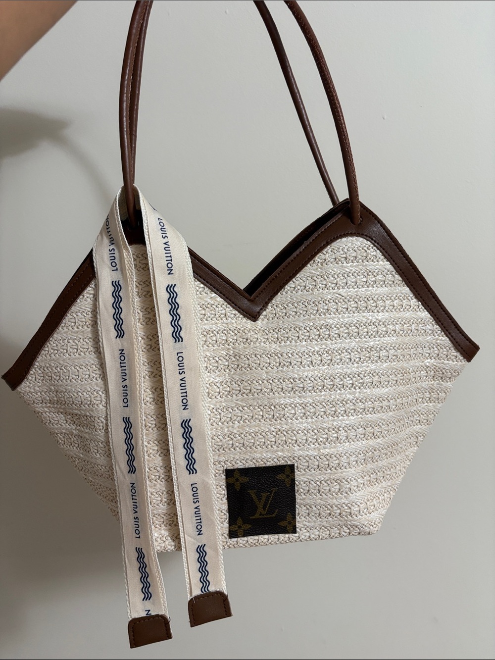 Upcycled authentic LV Straw tote Bag